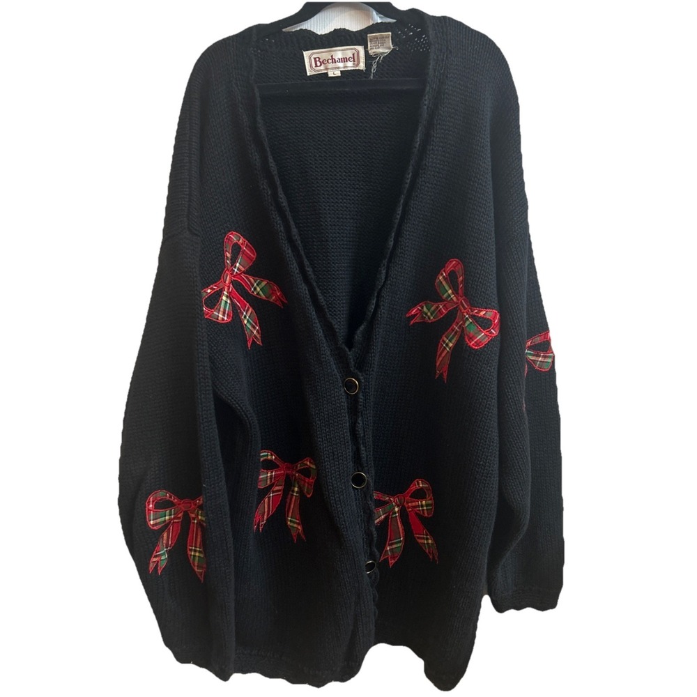 Vintage Bechamel Christmas‎ Cardigan Sweater Plaid Bow Appliqué Ramie Cotton L